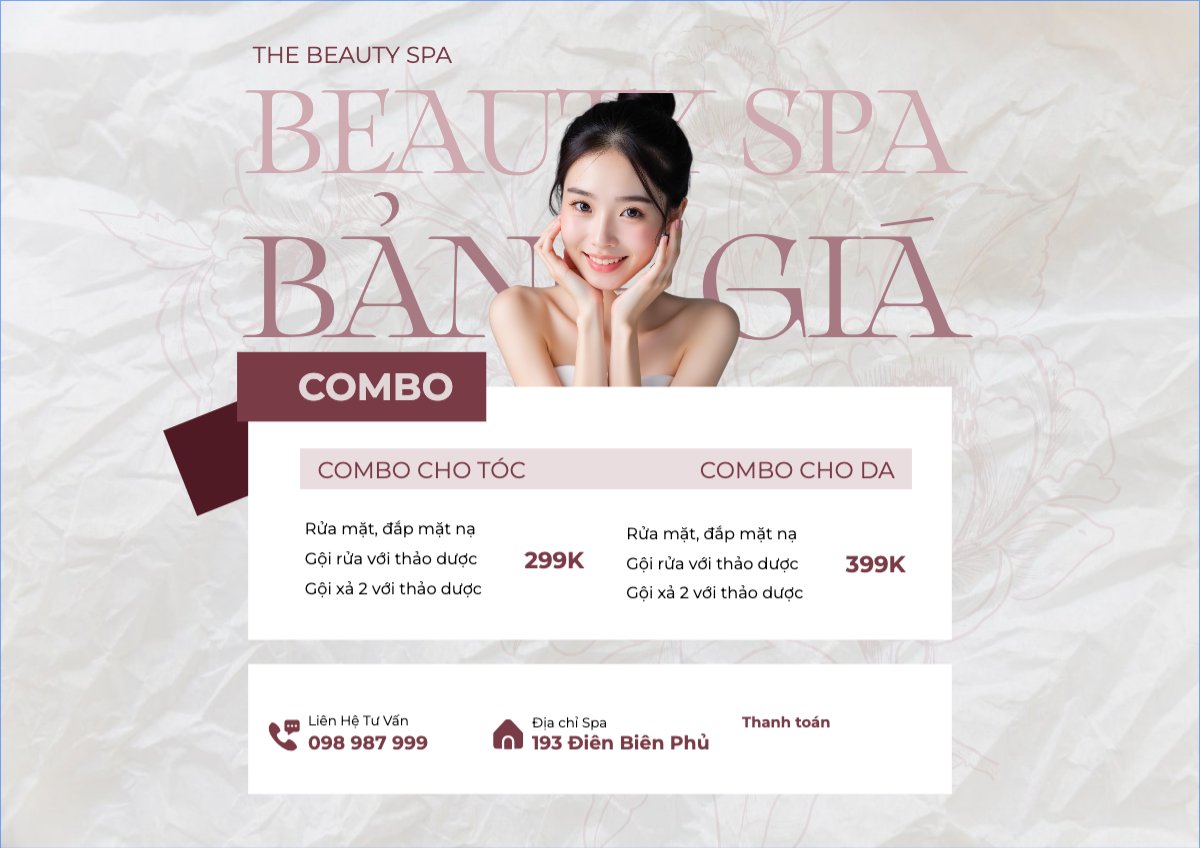 Mẫu Menu tờ rời (ngang) Tiệm tóc, tiệm cắt tóc, salon, nail, spa, beauty, làm đẹp, thẩm mỹ — LayerPic