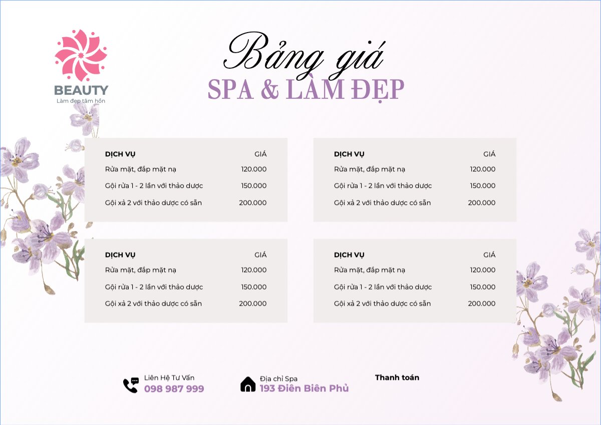 Mẫu Menu tờ rời (ngang) Tiệm tóc, tiệm cắt tóc, salon, nail, spa, beauty, làm đẹp, thẩm mỹ — LayerPic