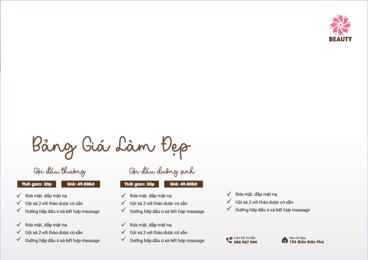 Mẫu Menu tờ rời (ngang) Tiệm tóc, tiệm cắt tóc, salon, nail, spa, beauty, làm đẹp, thẩm mỹ — LayerPic