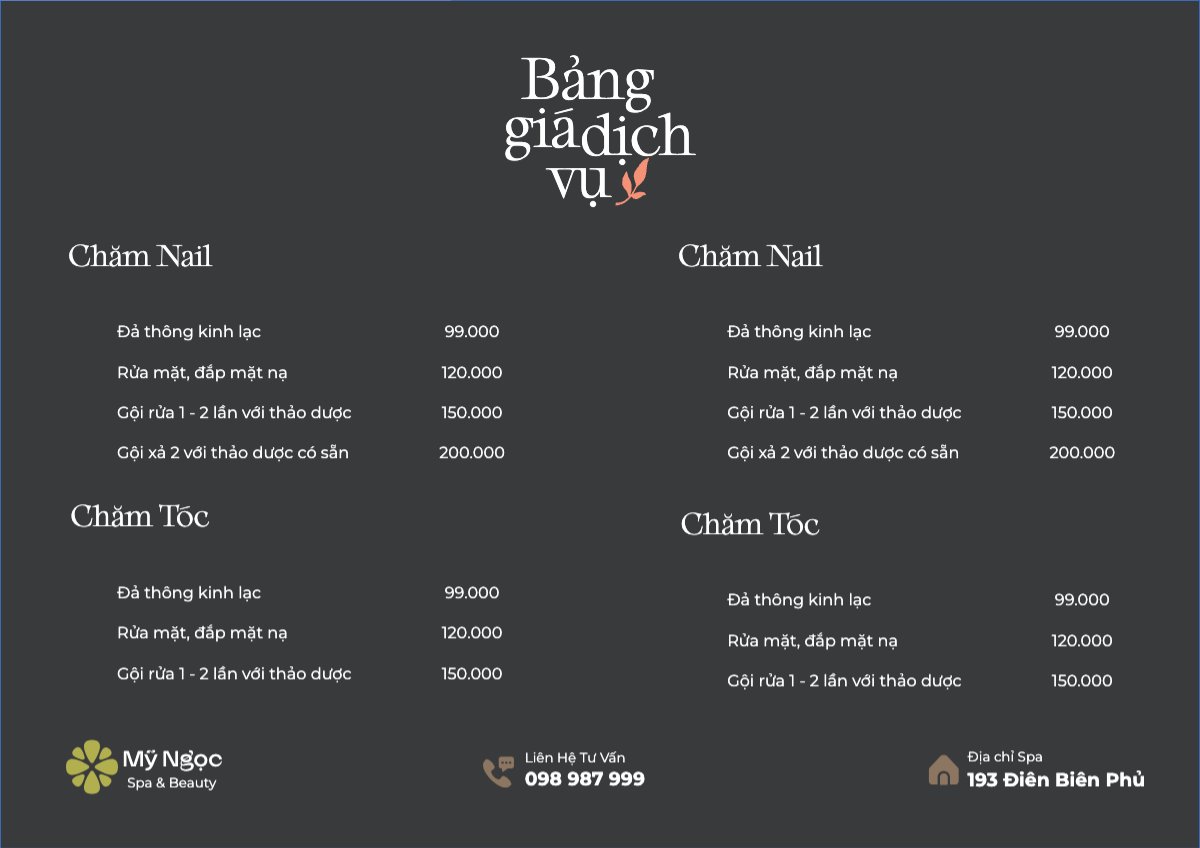 Mẫu Menu tờ rời (ngang) Tiệm tóc, tiệm cắt tóc, salon, nail, spa, beauty, làm đẹp, thẩm mỹ — LayerPic