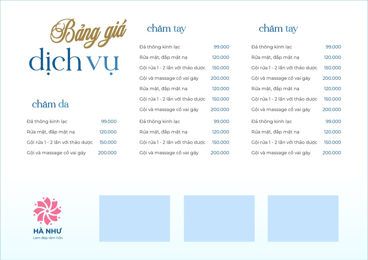 Mẫu Menu tờ rời (ngang) Tiệm tóc, tiệm cắt tóc, salon, nail, spa, beauty, làm đẹp, thẩm mỹ — LayerPic