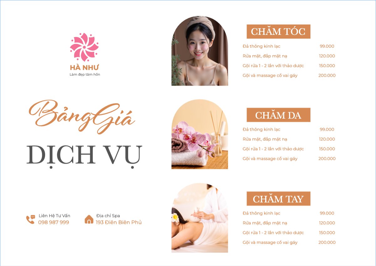 Mẫu Menu tờ rời (ngang) Tiệm tóc, tiệm cắt tóc, salon, nail, spa, beauty, làm đẹp, thẩm mỹ — LayerPic