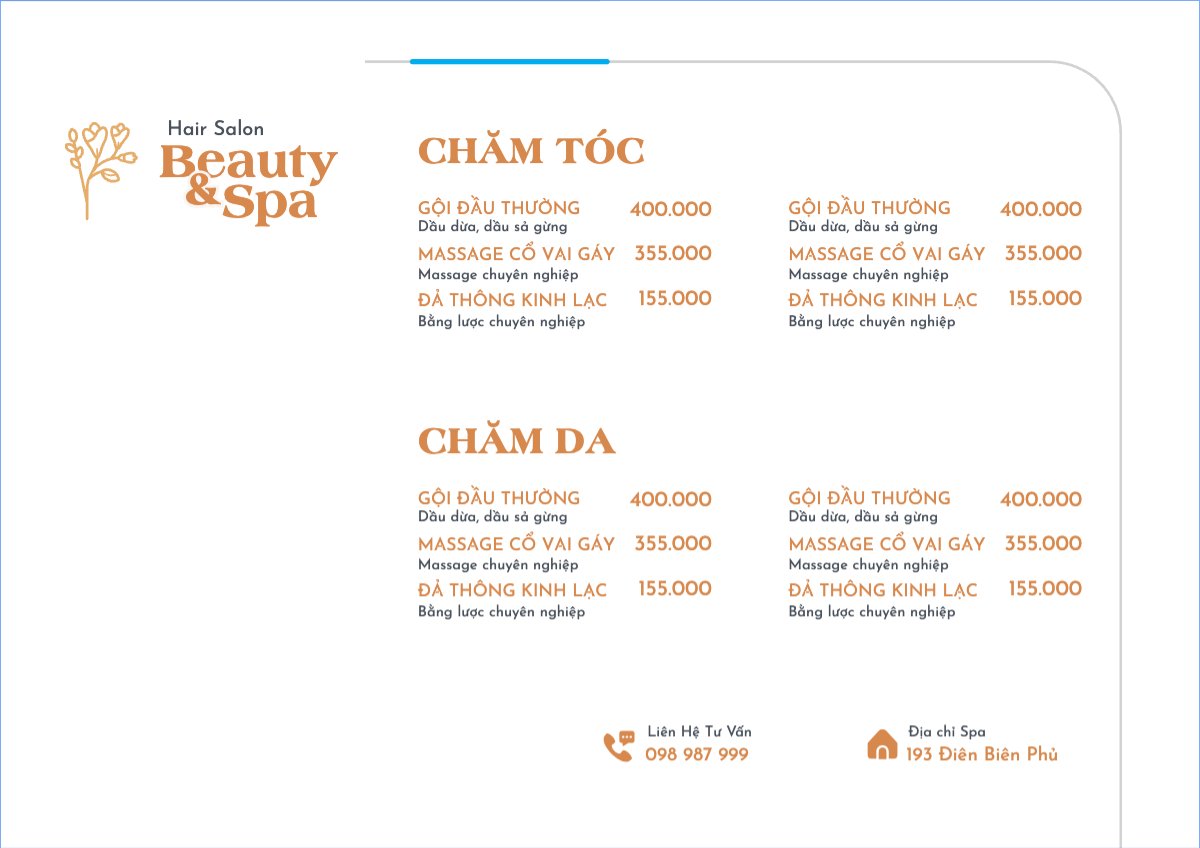 Mẫu Menu tờ rời (ngang) Tiệm tóc, tiệm cắt tóc, salon, nail, spa, beauty, làm đẹp, thẩm mỹ — LayerPic