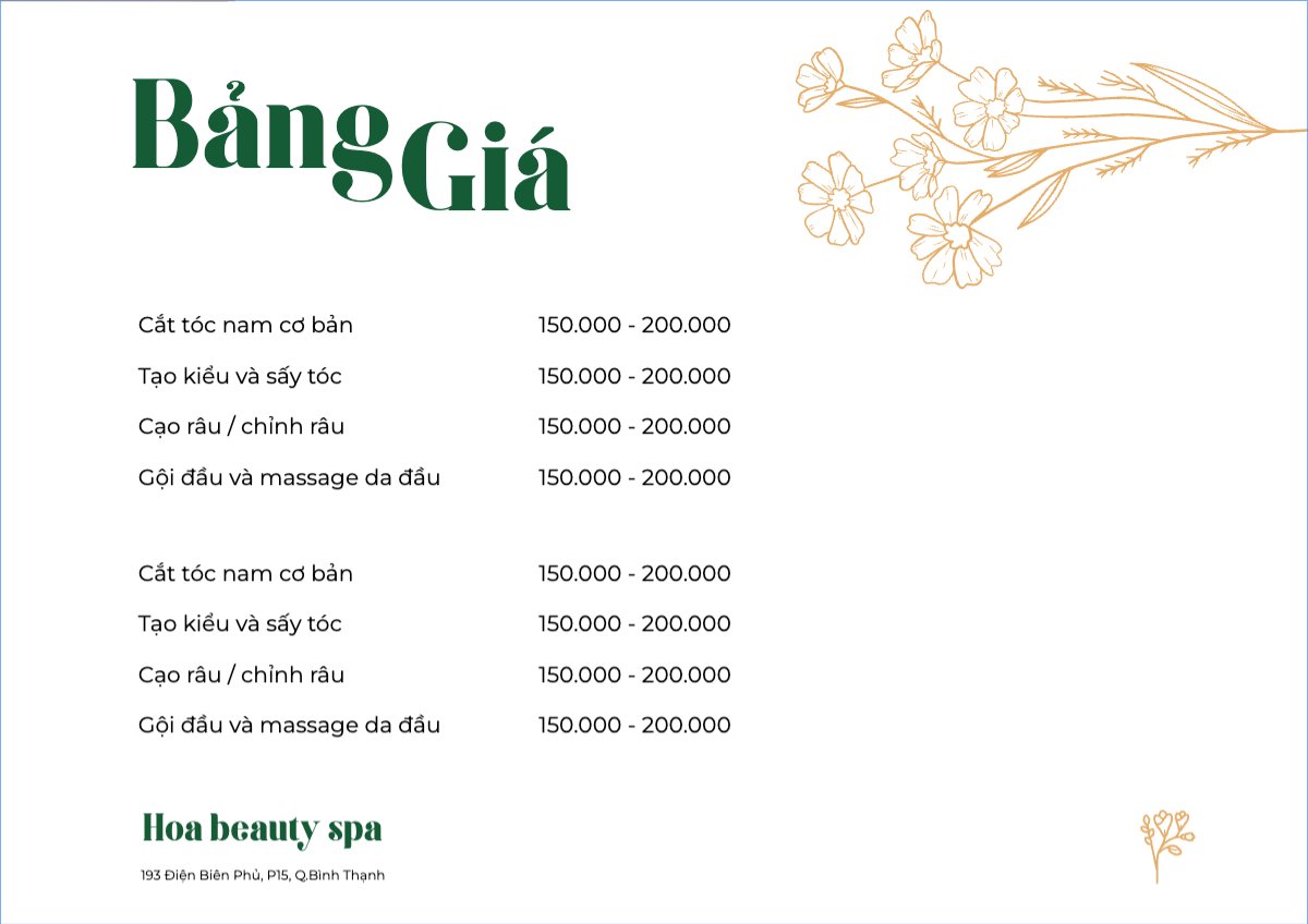 Mẫu Menu tờ rời (ngang) Tiệm tóc, tiệm cắt tóc, salon, nail, spa, beauty, làm đẹp, thẩm mỹ — LayerPic