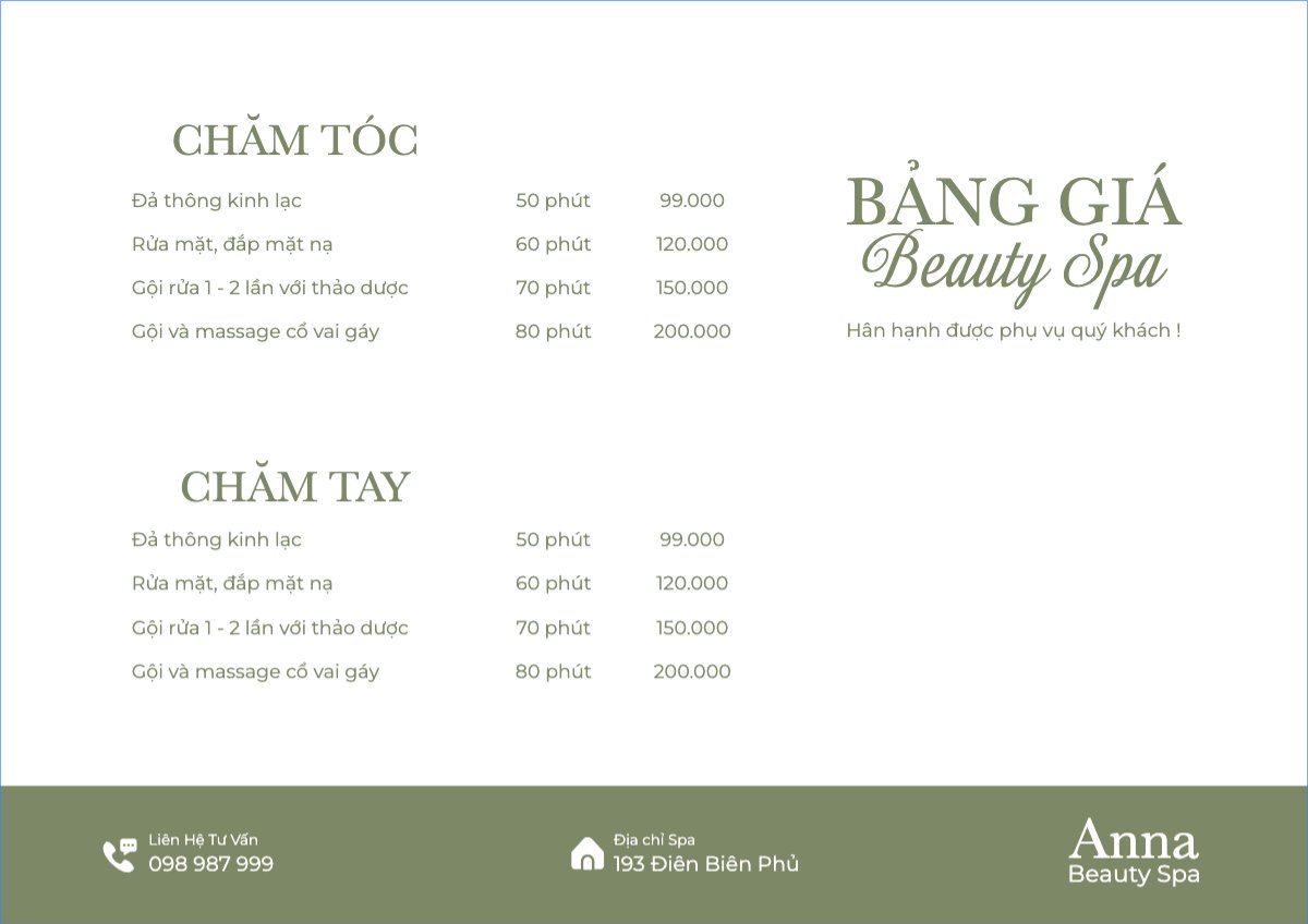 Mẫu Menu tờ rời (ngang) Tiệm tóc, tiệm cắt tóc, salon, nail, spa, beauty, làm đẹp, thẩm mỹ — LayerPic