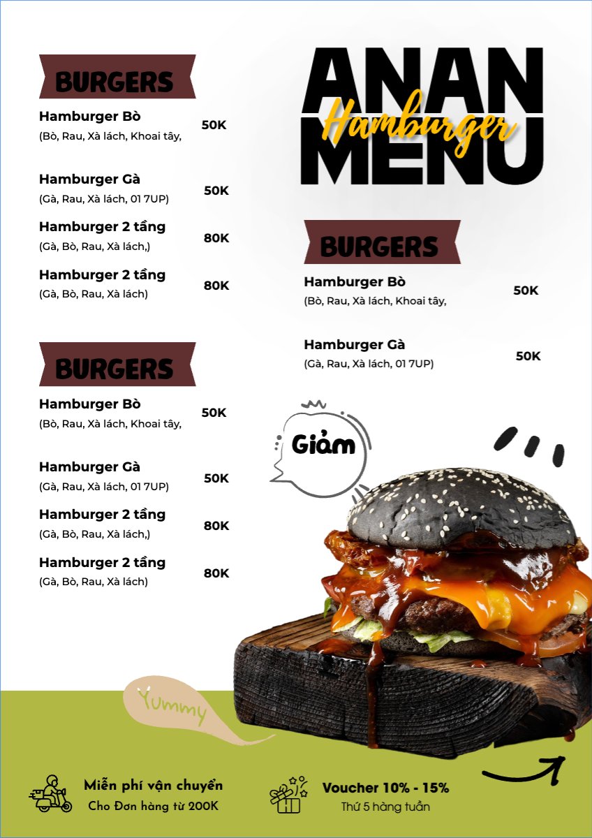 Mẫu Menu tờ rời (dọc) Đồ ăn, food, thực phẩm, ẩm thực, món ăn, F&B, nhà hàng, thức ăn, hamburger — LayerPic
