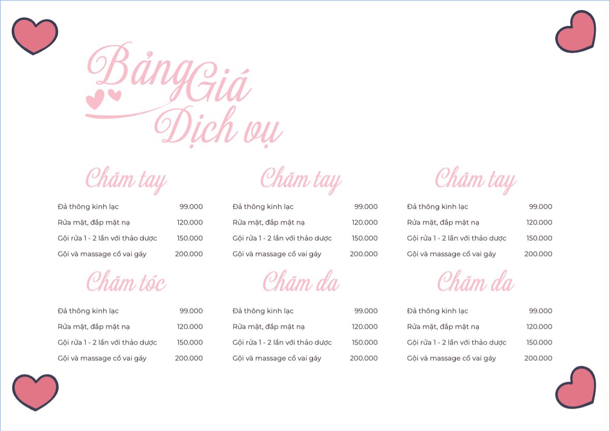 Mẫu Menu tờ rời (ngang) Tiệm tóc, tiệm cắt tóc, salon, nail, spa, beauty, làm đẹp, thẩm mỹ — LayerPic