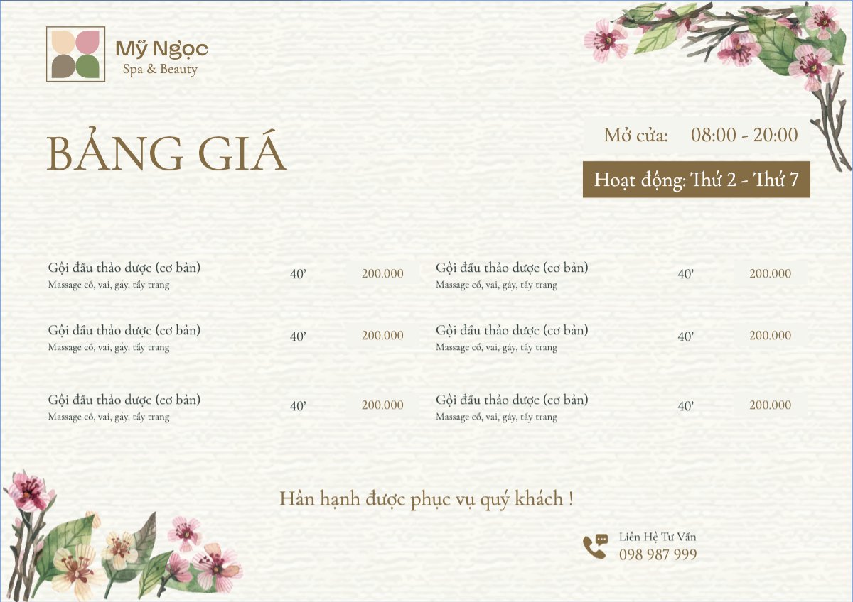 Mẫu Menu tờ rời (ngang) Tiệm tóc, tiệm cắt tóc, salon, nail, spa, beauty, làm đẹp, thẩm mỹ — LayerPic