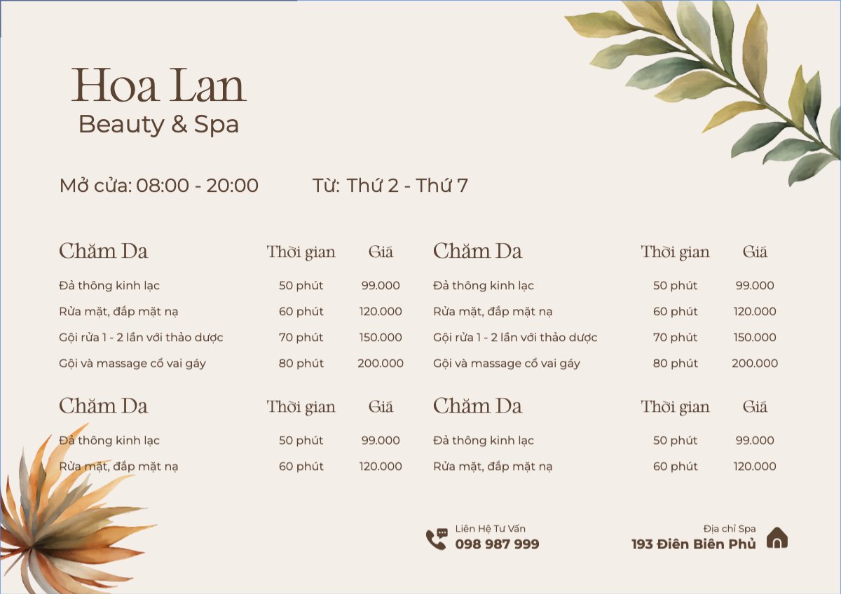 Mẫu Menu tờ rời (ngang) Tiệm tóc, tiệm cắt tóc, salon, nail, spa, beauty, làm đẹp, thẩm mỹ — LayerPic