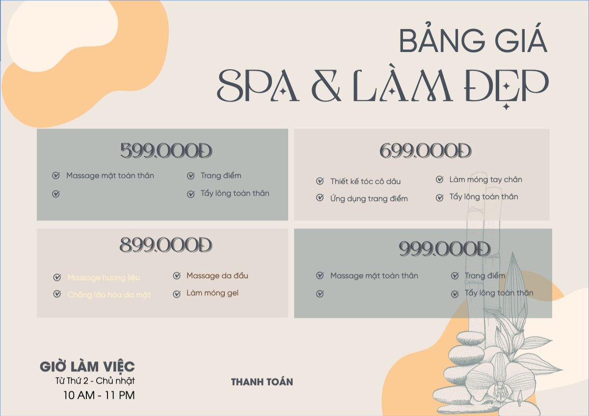 Mẫu Menu tờ rời (ngang) Tiệm tóc, tiệm cắt tóc, salon, nail, spa, beauty, làm đẹp, thẩm mỹ — LayerPic