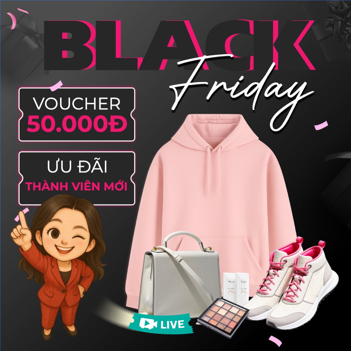 Mẫu Bài post MXH vuông Black Friday mua sắm thả ga — LayerPic
