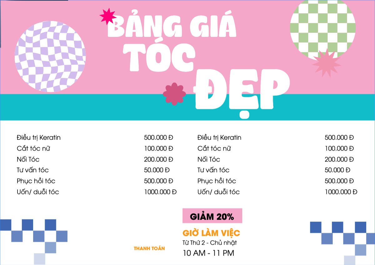 Mẫu Menu tờ rời (ngang) Tiệm tóc, tiệm cắt tóc, salon, nail, spa, beauty, làm đẹp, thẩm mỹ — LayerPic