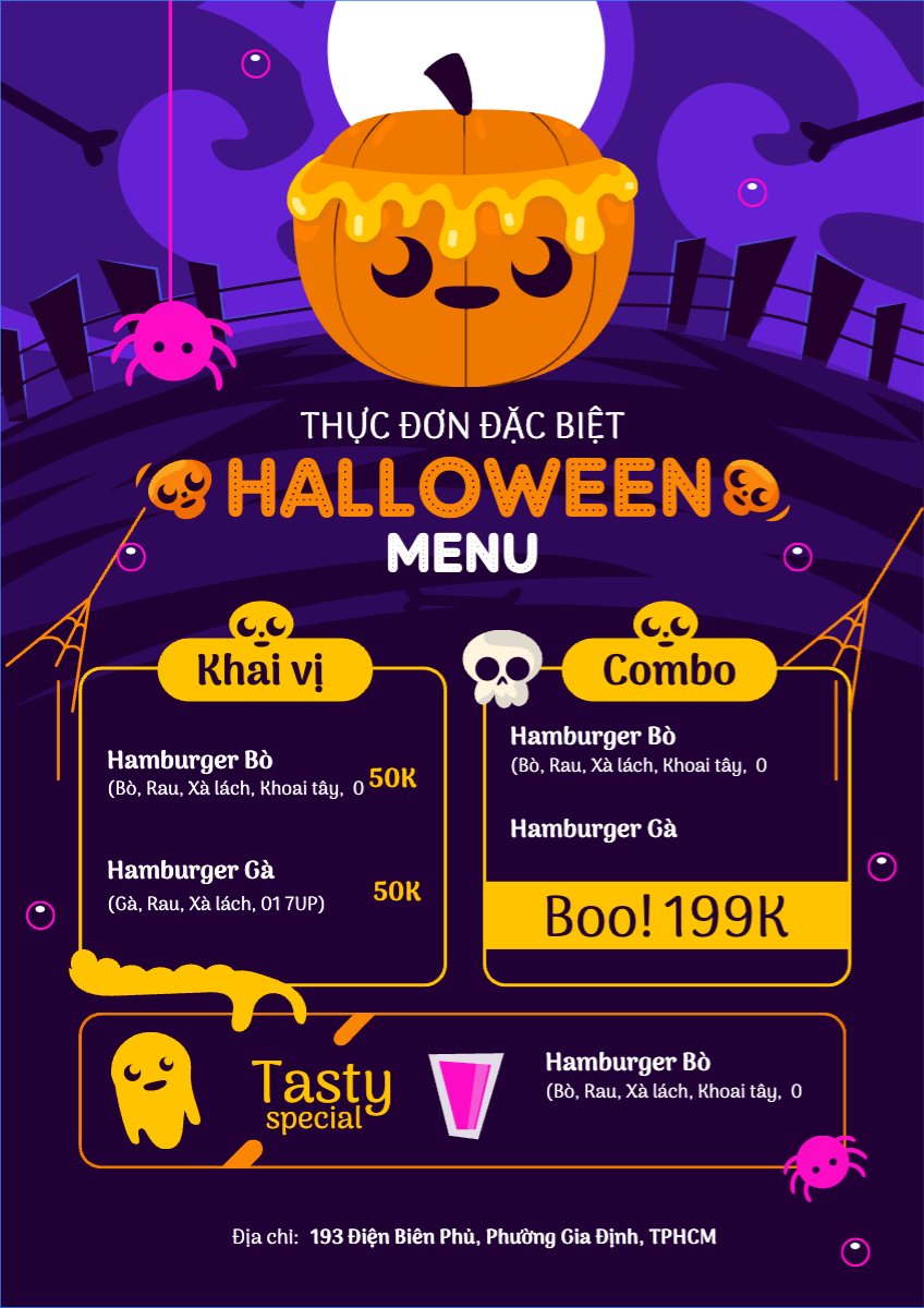 Mẫu Menu tờ rời (dọc) Halloween, lễ hội ma quái, sự kiện, event, nước uống, drink, food, ẩm thực, dễ thương, cute, chibi, hoạt hình, cartoon — LayerPic