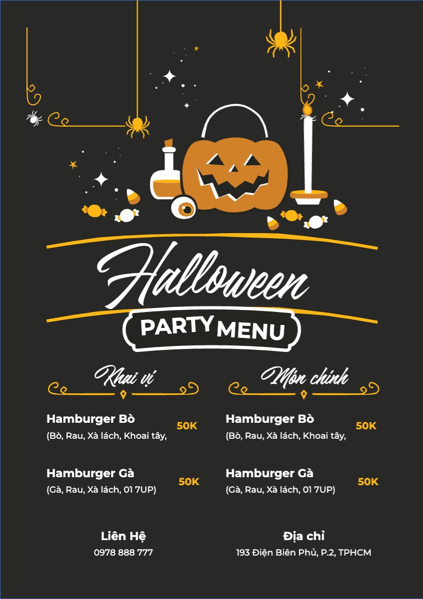 Mẫu Menu tờ rời (dọc) Halloween, lễ hội ma quái, sự kiện, event, nước uống, drink, food, ẩm thực, dễ thương, cute, chibi, hoạt hình, cartoon — LayerPic