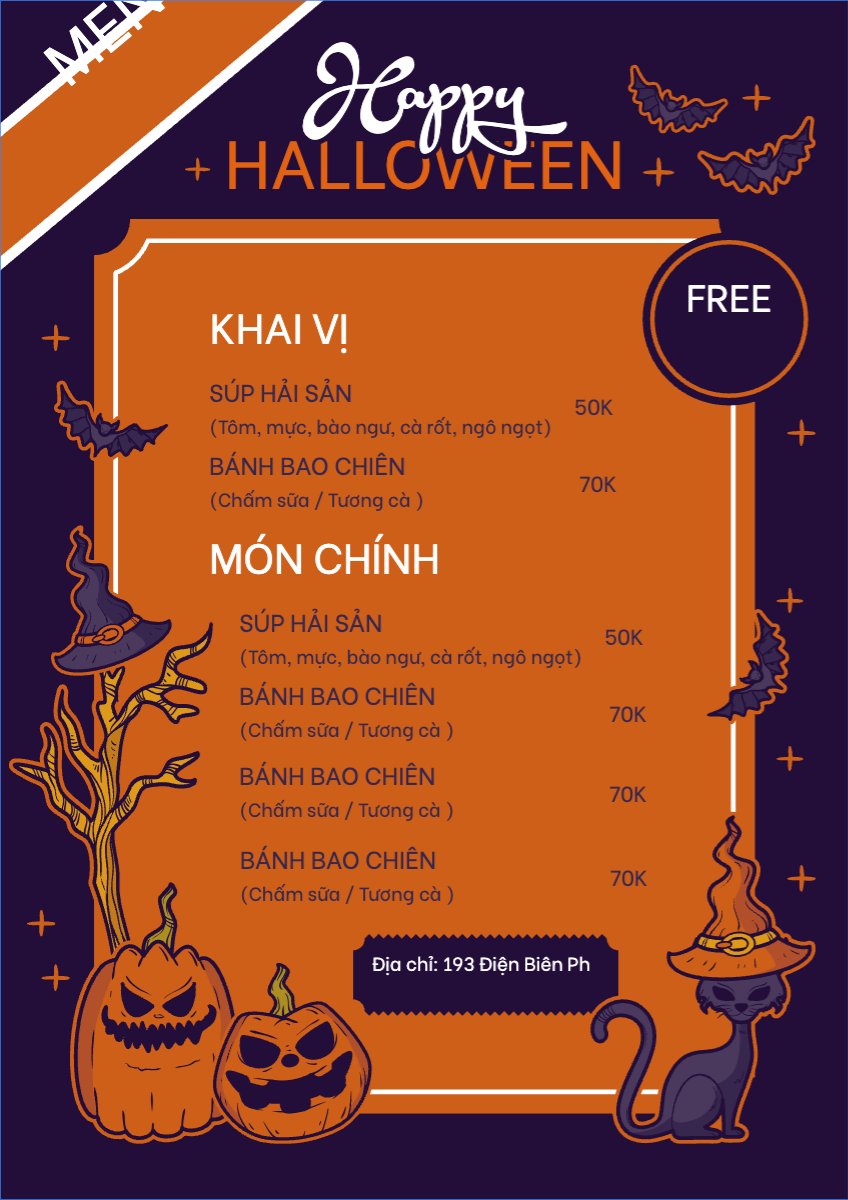 Mẫu Menu tờ rời (dọc) Halloween, lễ hội ma quái, sự kiện, event, nước uống, drink, food, ẩm thực, dễ thương, cute, chibi, hoạt hình, cartoon — LayerPic