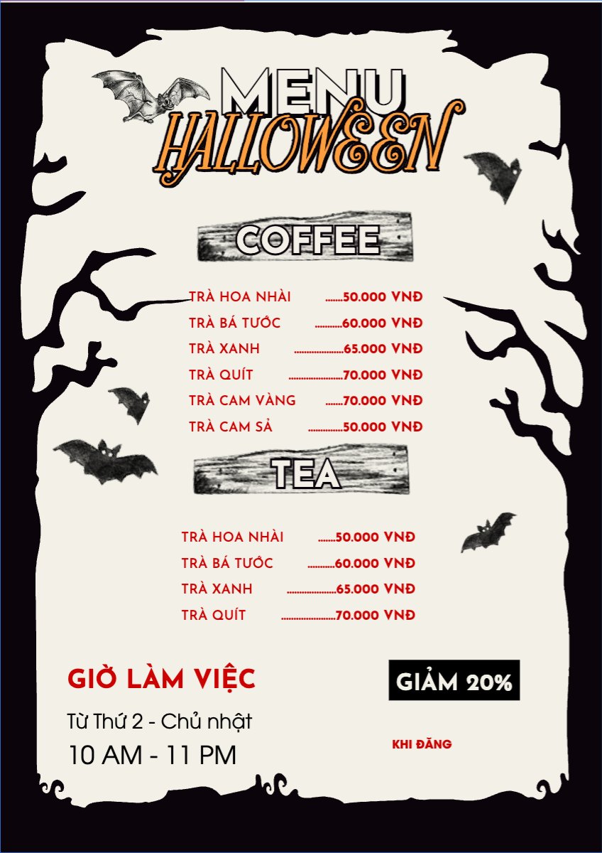 Mẫu Menu tờ rời (dọc) Halloween, lễ hội ma quái, nước uống, drink, ẩm thực, food, dễ thương, cute, chibi, hoạt hình, cartoon — LayerPic