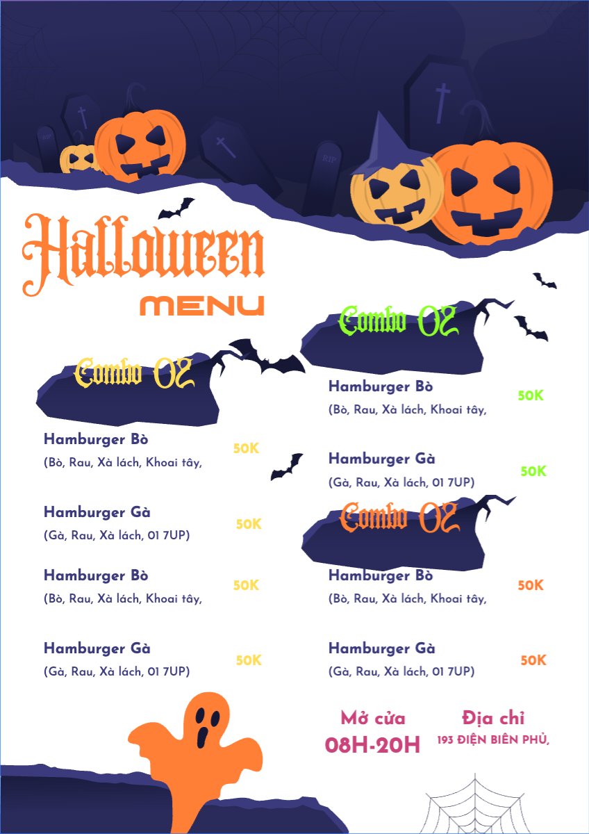 Mẫu Menu tờ rời (dọc) Halloween, lễ hội ma quái, nước uống, drink, ẩm thực, food, dễ thương, cute, chibi, hoạt hình, cartoon — LayerPic