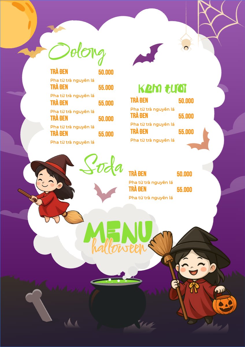 Mẫu Menu tờ rời (dọc) Halloween, lễ hội ma quái, nước uống, drink, ẩm thực, food, dễ thương, cute, chibi, hoạt hình, cartoon — LayerPic