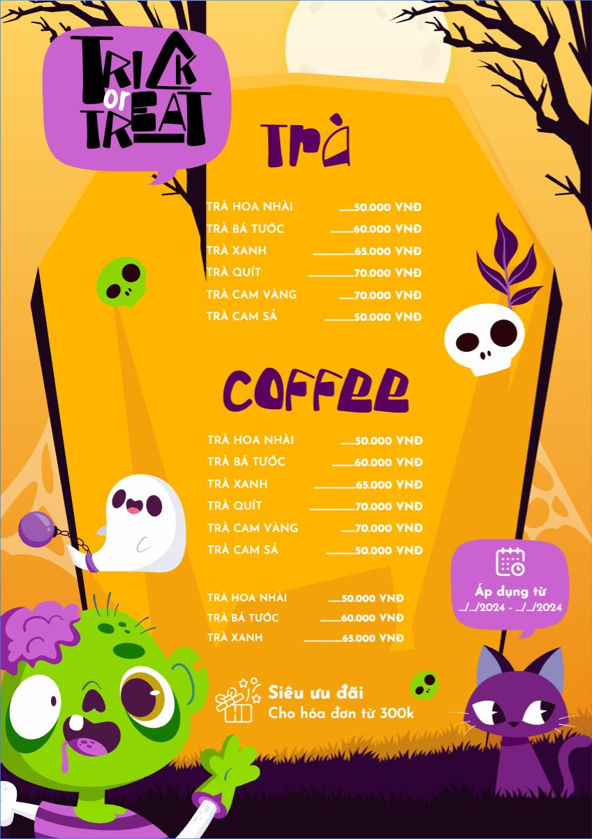 Mẫu Menu tờ rời (dọc) Halloween, lễ hội ma quái, nước uống, drink, ẩm thực, food, dễ thương, cute, chibi, hoạt hình, cartoon — LayerPic