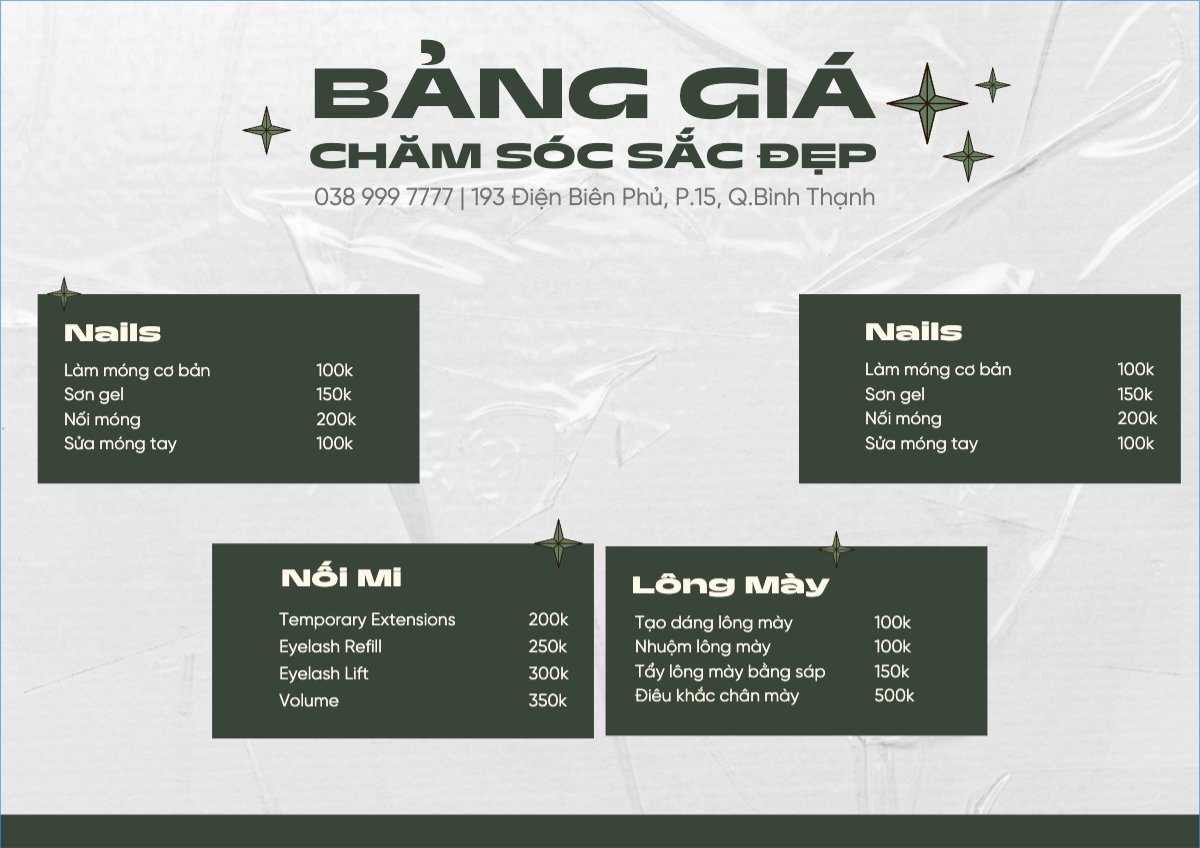 Mẫu Menu tờ rời (ngang) Tiệm tóc, tiệm cắt tóc, salon, nail, spa, beauty, làm đẹp, thẩm mỹ — LayerPic