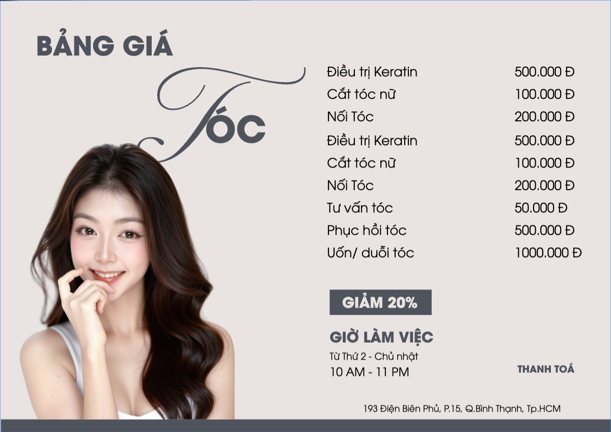 Mẫu Menu tờ rời (ngang) Tiệm tóc, tiệm cắt tóc, salon, nail, spa, beauty, làm đẹp, thẩm mỹ — LayerPic