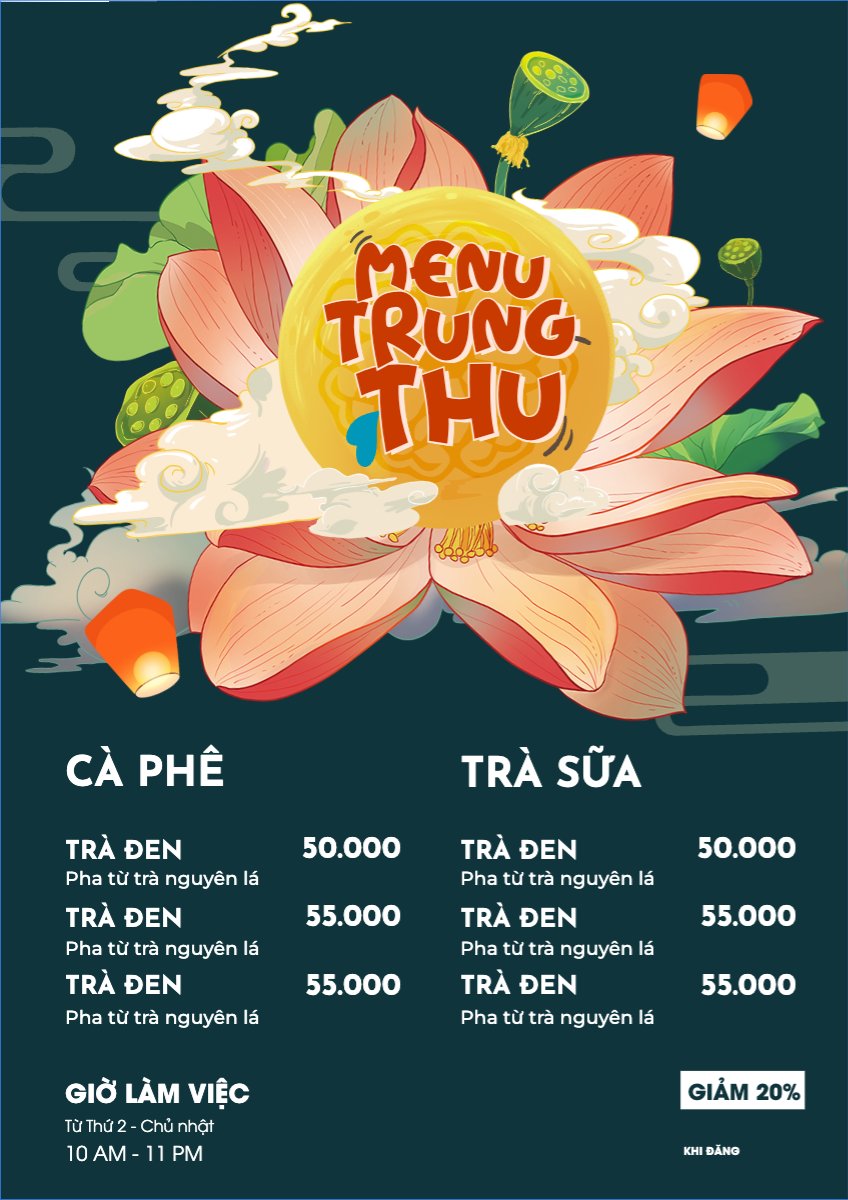 Mẫu Menu tờ rời (dọc) Trung thu, Tết Đoàn Viên, mid-autumn festival, nước uống, drink, ẩm thực, food, dễ thương, cute, chibi, hoạt hình, cartoon — LayerPic