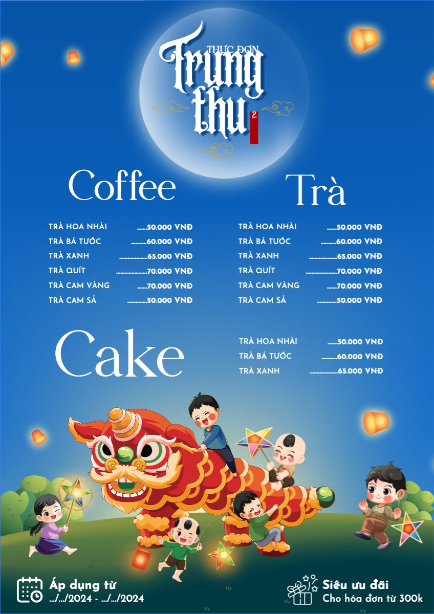 Mẫu Menu tờ rời (dọc) Trung thu, Tết Đoàn Viên, mid-autumn festival, nước uống, drink, ẩm thực, food, dễ thương, cute, chibi, hoạt hình, cartoon — LayerPic