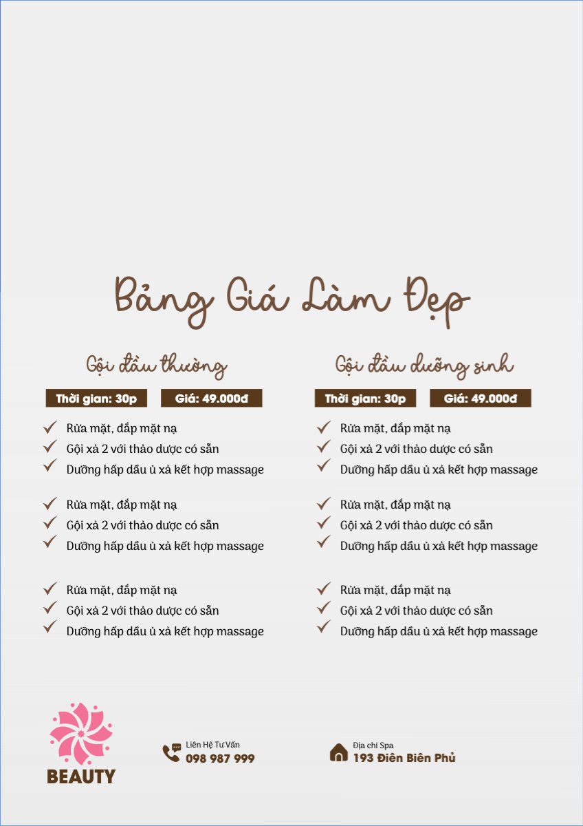 Mẫu Menu tờ rời (dọc) Tiệm tóc, tiệm cắt tóc, salon, nail, spa, beauty, làm đẹp, thẩm mỹ — LayerPic