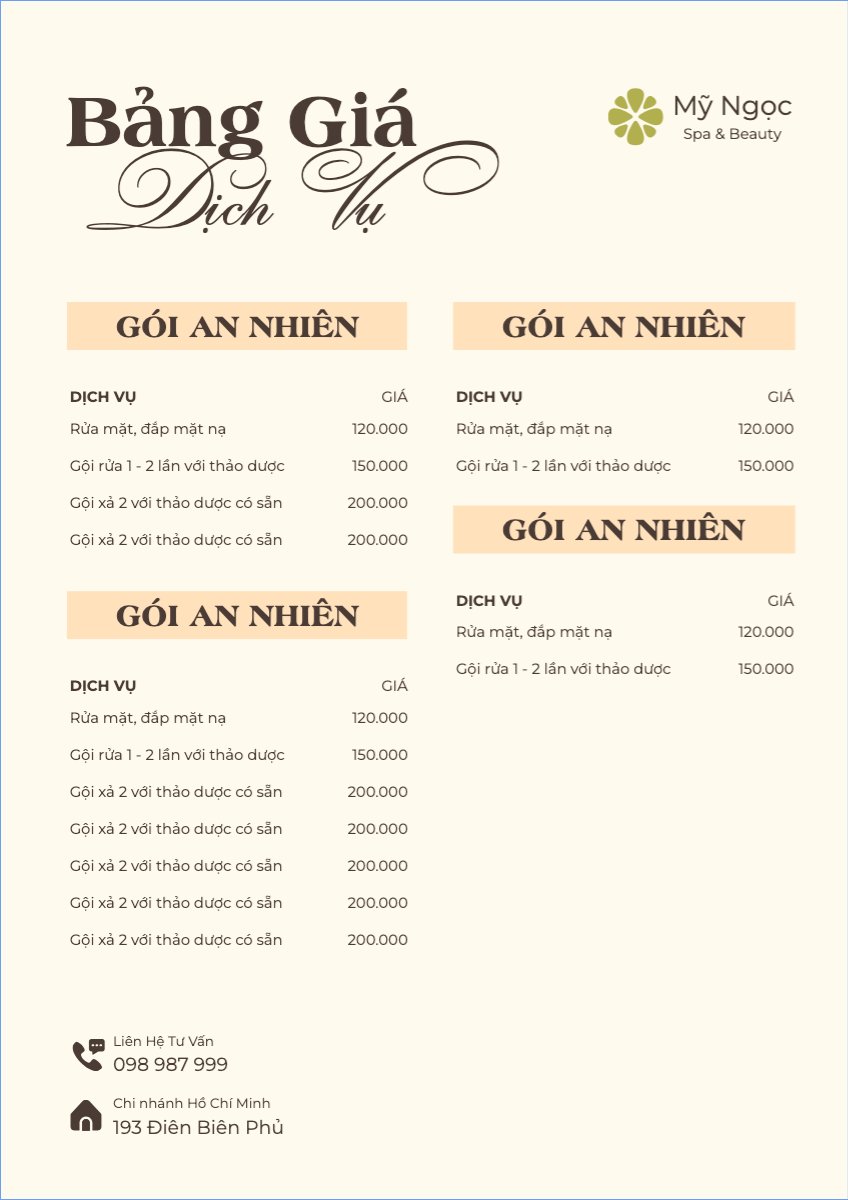 Mẫu Menu tờ rời (dọc) Tiệm tóc, tiệm cắt tóc, salon, nail, spa, beauty, làm đẹp, thẩm mỹ — LayerPic