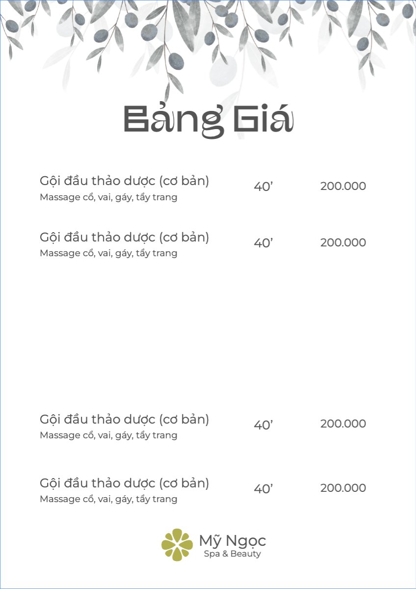 Mẫu Menu tờ rời (dọc) Tiệm tóc, tiệm cắt tóc, salon, nail, spa, beauty, làm đẹp, thẩm mỹ — LayerPic