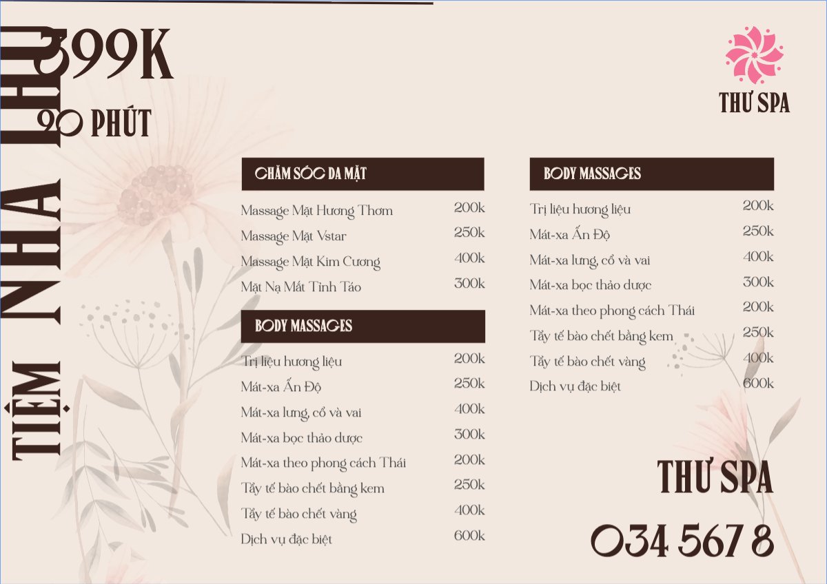 Mẫu Menu tờ rời (ngang) Tiệm tóc, tiệm cắt tóc, salon, nail, spa, beauty, làm đẹp, thẩm mỹ — LayerPic