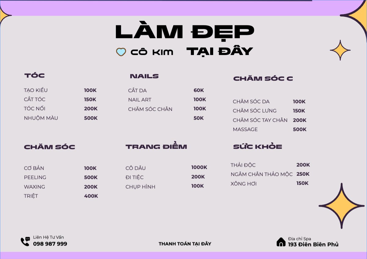 Mẫu Menu tờ rời (ngang) Tiệm tóc, tiệm cắt tóc, salon, nail, spa, beauty, làm đẹp, thẩm mỹ — LayerPic