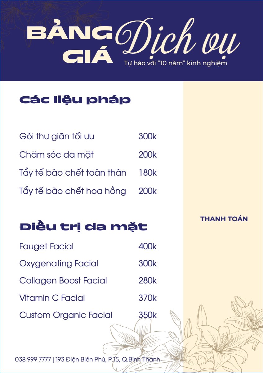 Mẫu Menu tờ rời (dọc) Tiệm tóc, tiệm cắt tóc, salon, nail, spa, beauty, làm đẹp, thẩm mỹ — LayerPic