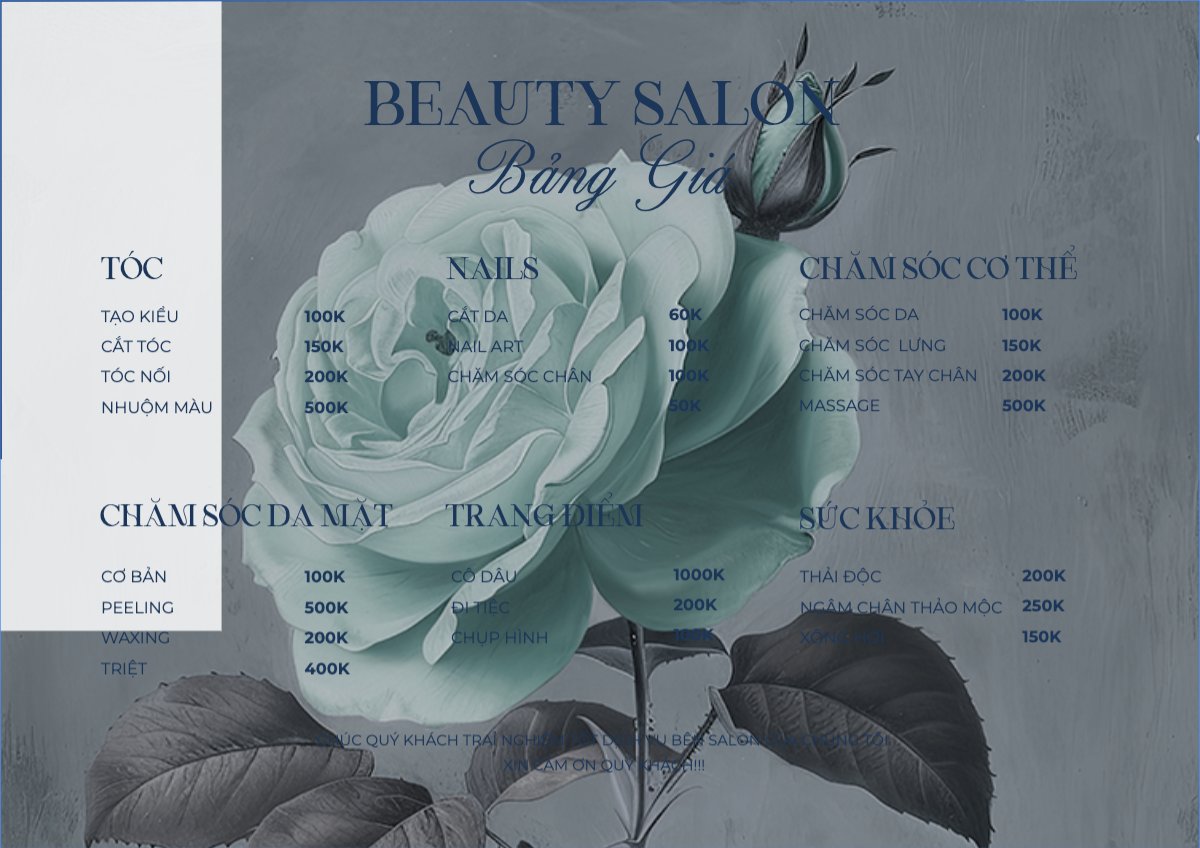 Mẫu Menu tờ rời (ngang) Tiệm tóc, tiệm cắt tóc, salon, nail, spa, beauty, làm đẹp, thẩm mỹ — LayerPic