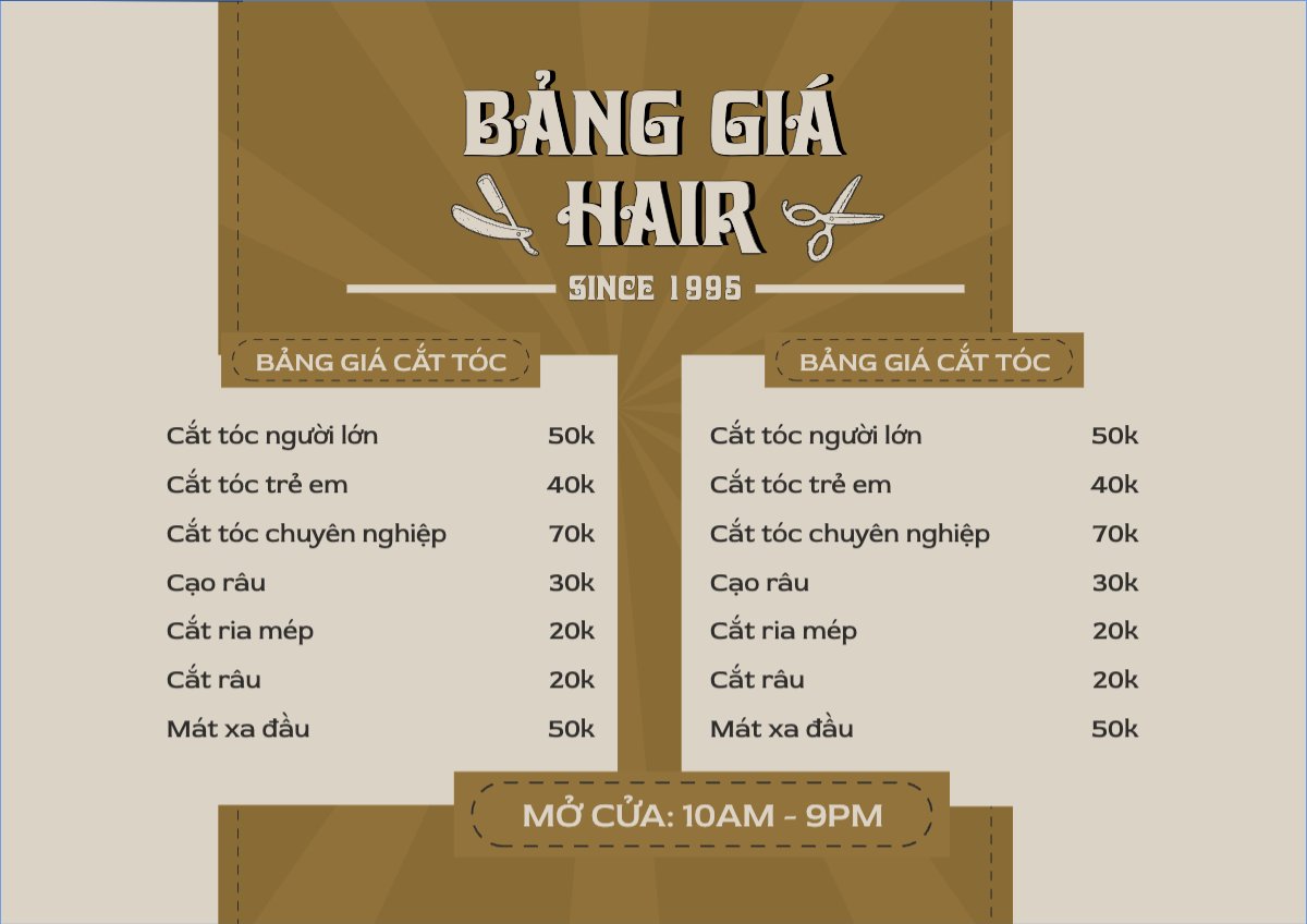 Mẫu Menu tờ rời (ngang) Tiệm tóc, tiệm cắt tóc, salon, nail, spa, beauty, làm đẹp, thẩm mỹ — LayerPic