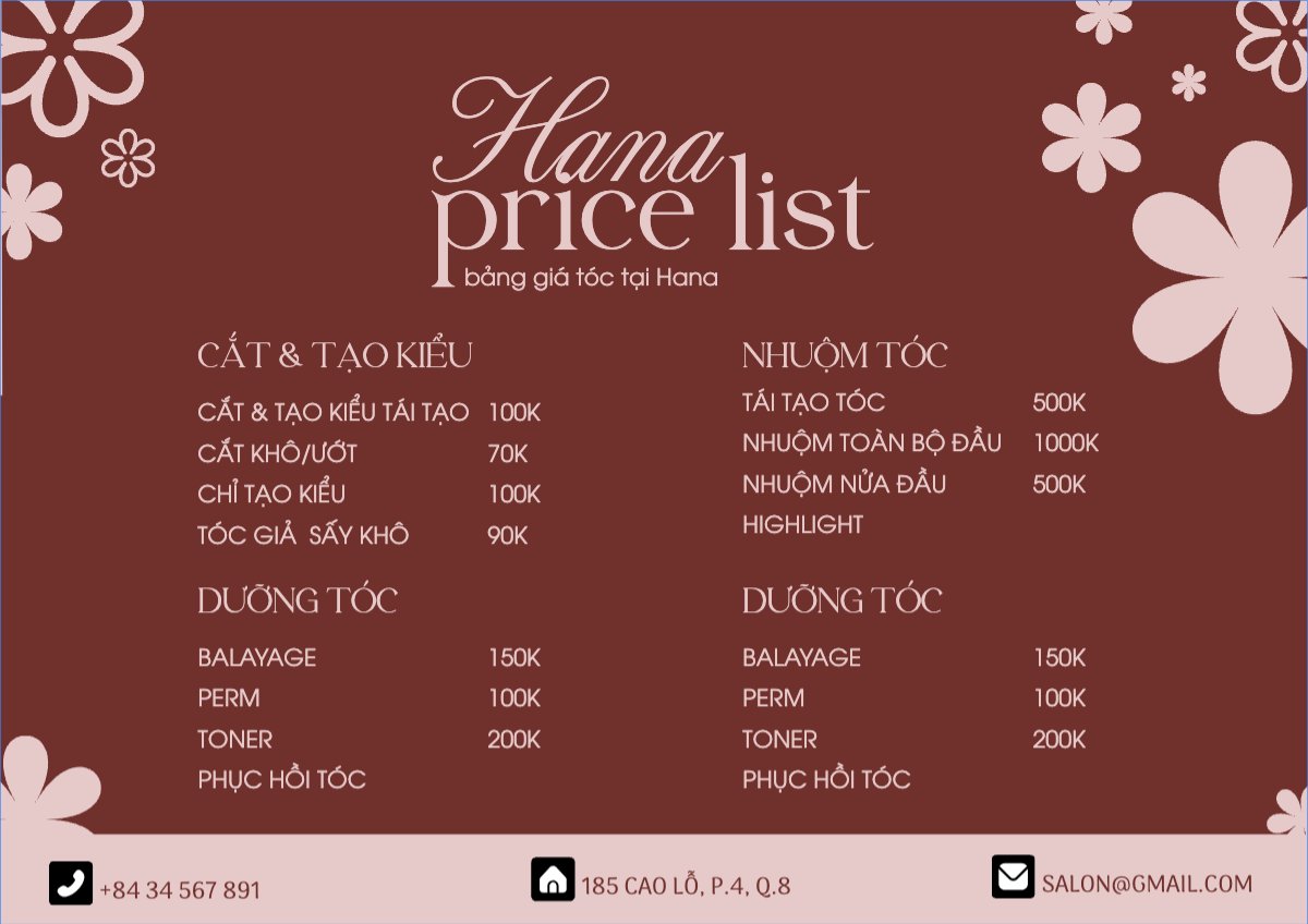 Mẫu Menu tờ rời (ngang) Tiệm tóc, tiệm cắt tóc, salon, nail, spa, beauty, làm đẹp, thẩm mỹ — LayerPic