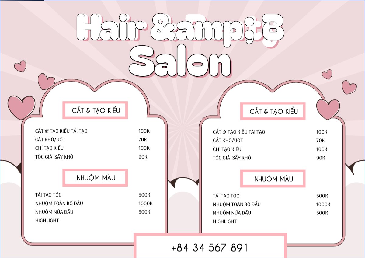 Mẫu Menu tờ rời (ngang) Tiệm tóc, tiệm cắt tóc, salon, nail, spa, beauty, làm đẹp, thẩm mỹ — LayerPic