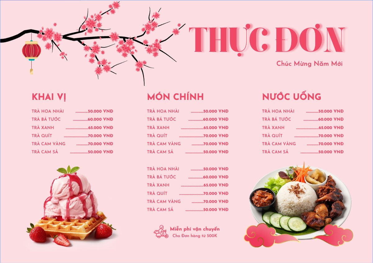 Mẫu Menu tờ rời (ngang) Tết, Xuân, Ất tỵ, năm 2025, 2025, ẩm thực, nước uống, food, drink — LayerPic