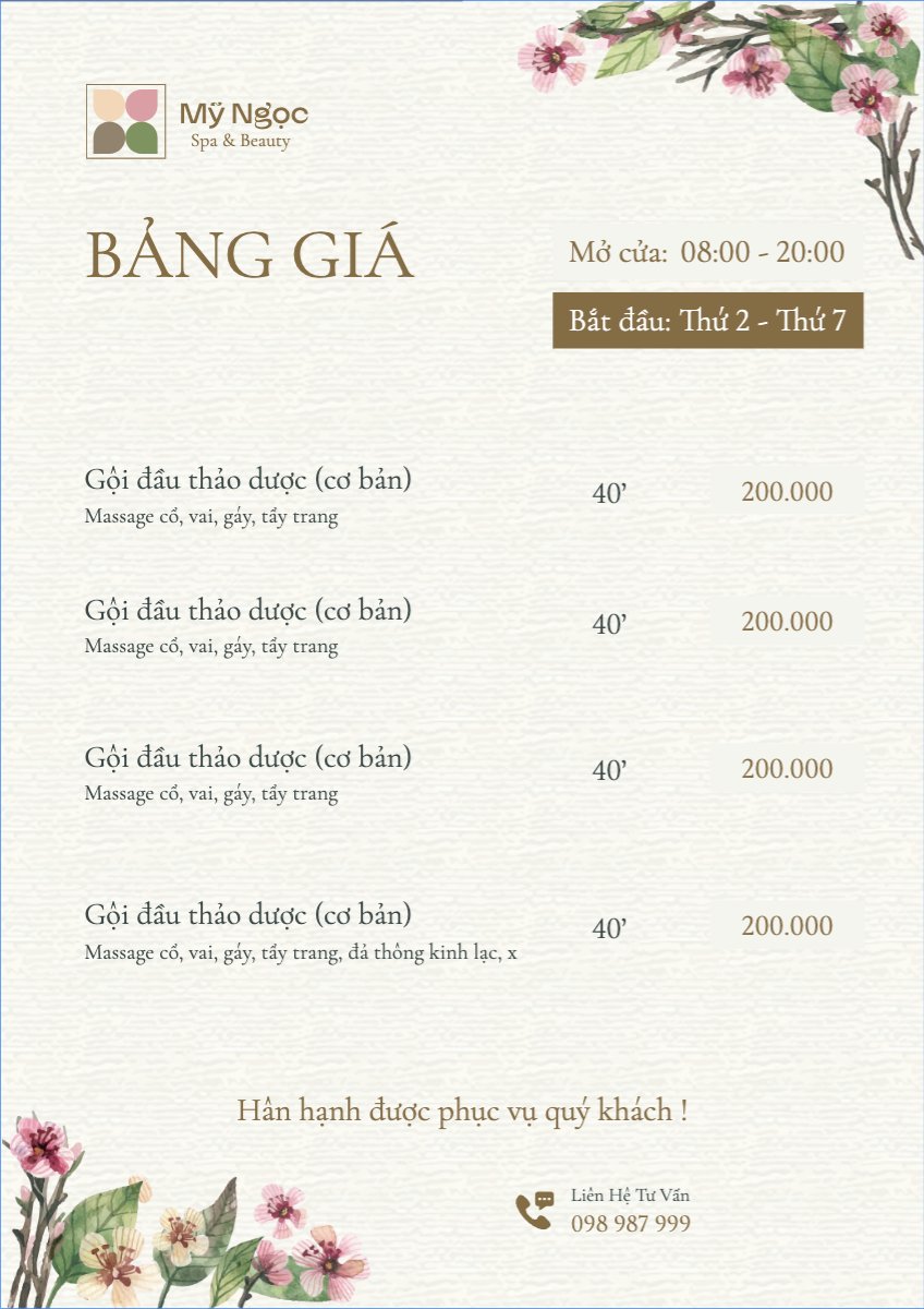 Mẫu Menu tờ rời (dọc) Tiệm tóc, tiệm cắt tóc, salon, nail, spa, beauty, làm đẹp, thẩm mỹ — LayerPic