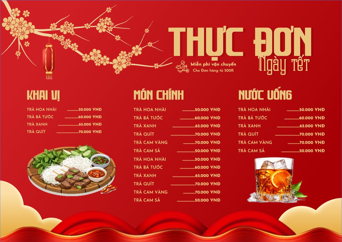 Mẫu Menu tờ rời (ngang) Tết, Xuân, Ất tỵ, năm 2025, 2025, ẩm thực, nước uống, food, drink — LayerPic