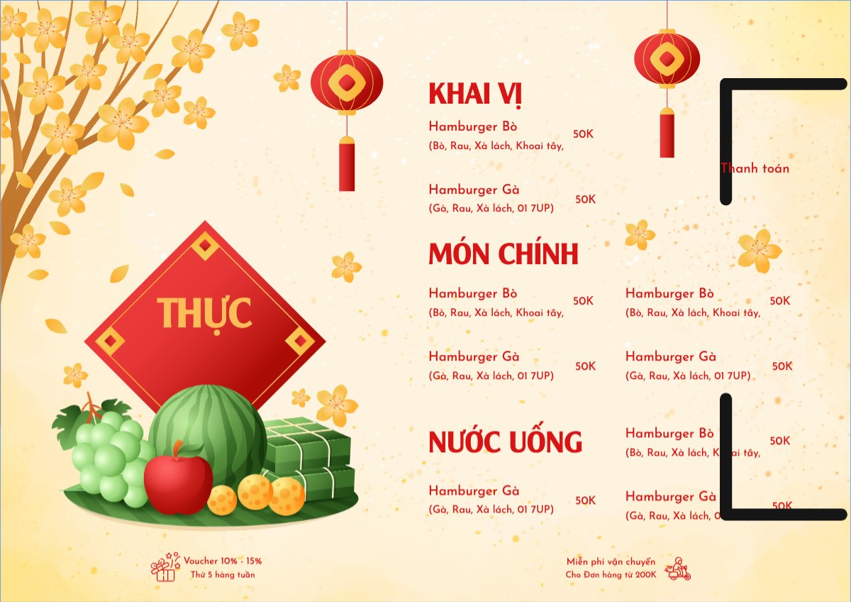 Mẫu Menu tờ rời (ngang) Tết, Xuân, Ất tỵ, năm 2025, 2025, ẩm thực, nước uống, food, drink — LayerPic
