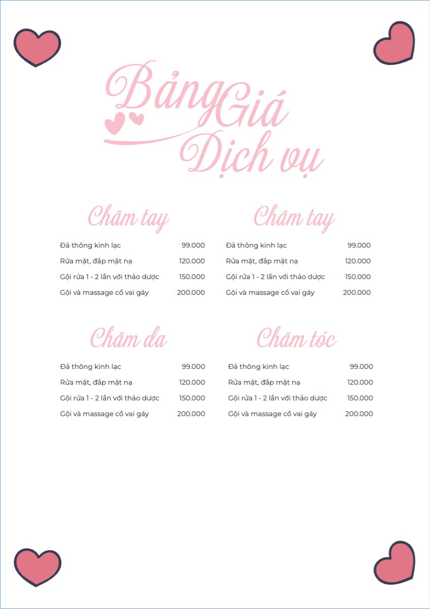 Mẫu Menu tờ rời (dọc) Tiệm tóc, tiệm cắt tóc, salon, nail, spa, beauty, làm đẹp, thẩm mỹ — LayerPic