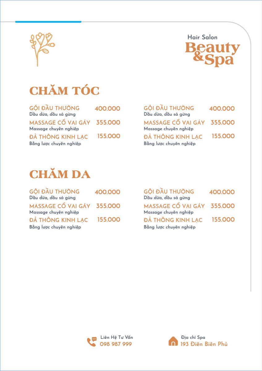 Mẫu Menu tờ rời (dọc) Tiệm tóc, tiệm cắt tóc, salon, nail, spa, beauty, làm đẹp, thẩm mỹ — LayerPic