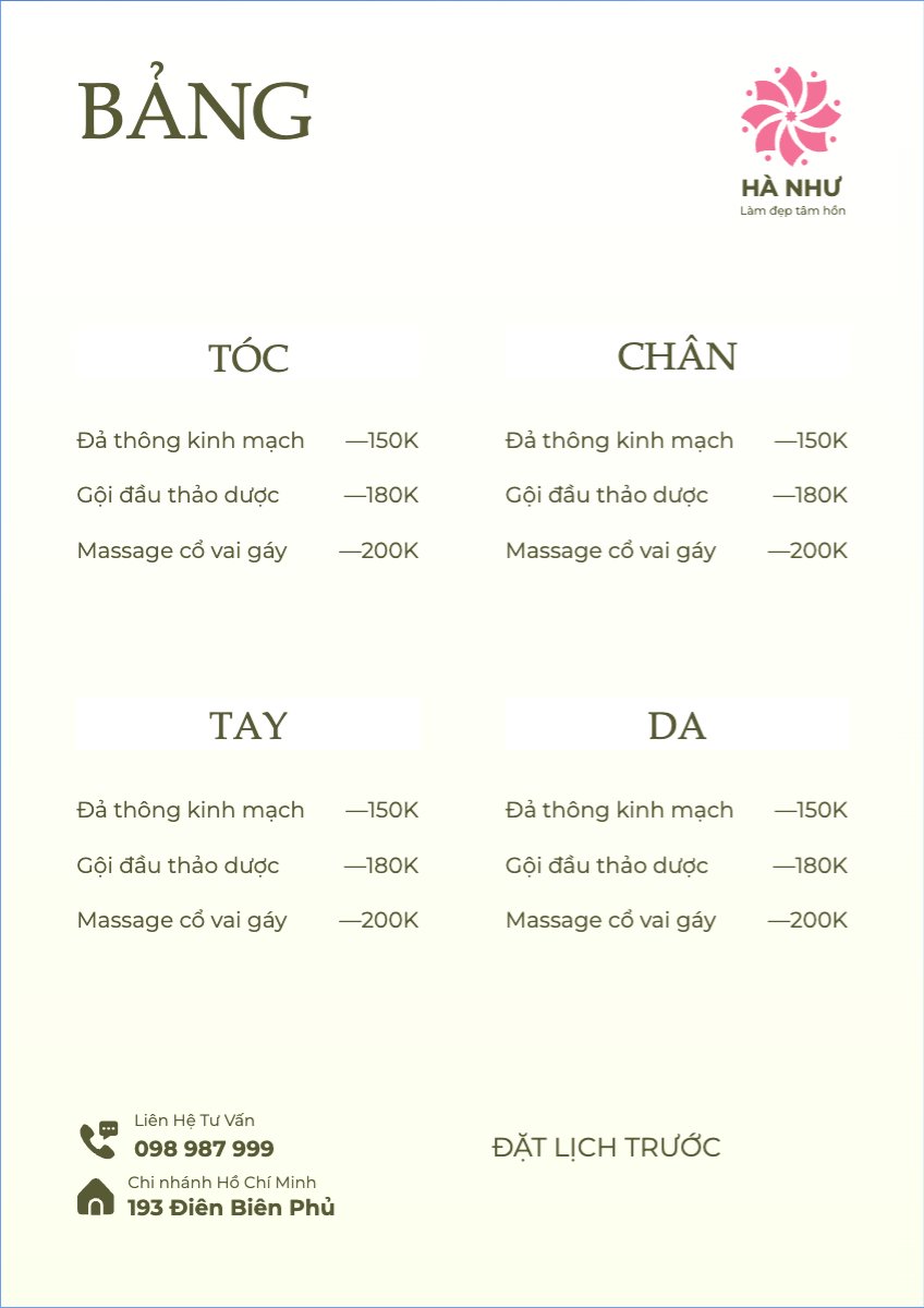 Mẫu Menu tờ rời (dọc) Tiệm tóc, tiệm cắt tóc, salon, nail, spa, beauty, làm đẹp, thẩm mỹ — LayerPic