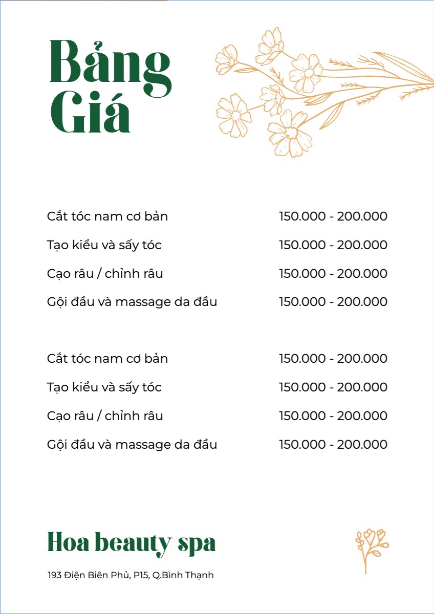 Mẫu Menu tờ rời (dọc) Tiệm tóc, tiệm cắt tóc, salon, nail, spa, beauty, làm đẹp, thẩm mỹ — LayerPic