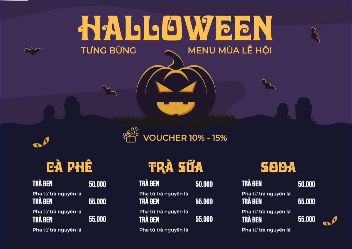 Mẫu Menu tờ rời (ngang) Halloween, nước uống, juice, giải khát, F&B, drink — LayerPic