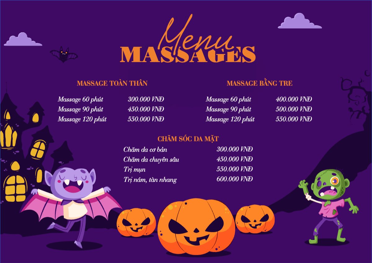 Mẫu Menu tờ rời (ngang) Halloween, spa, beauty, làm đẹp, thẩm mỹ, comestic — LayerPic