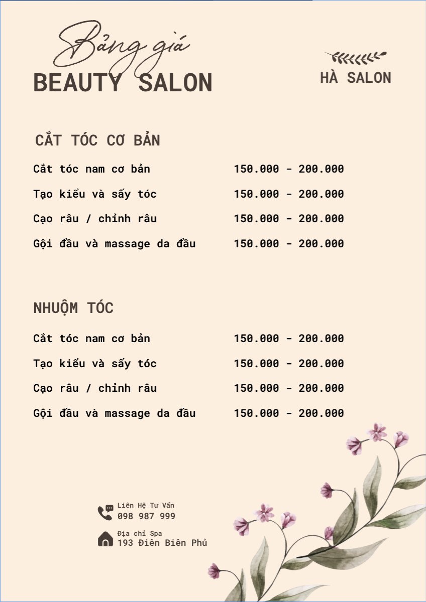 Mẫu Menu tờ rời (dọc) Tiệm tóc, tiệm cắt tóc, salon, nail, spa, beauty, làm đẹp, thẩm mỹ — LayerPic