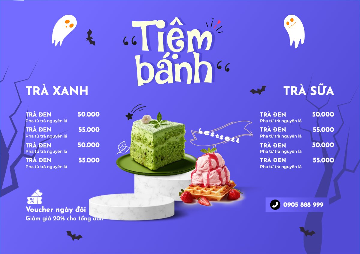 Mẫu Menu tờ rời (ngang) Halloween, đồ ăn, food, thực phẩm, ẩm thực, món ăn, F&B, cake, bánh — LayerPic