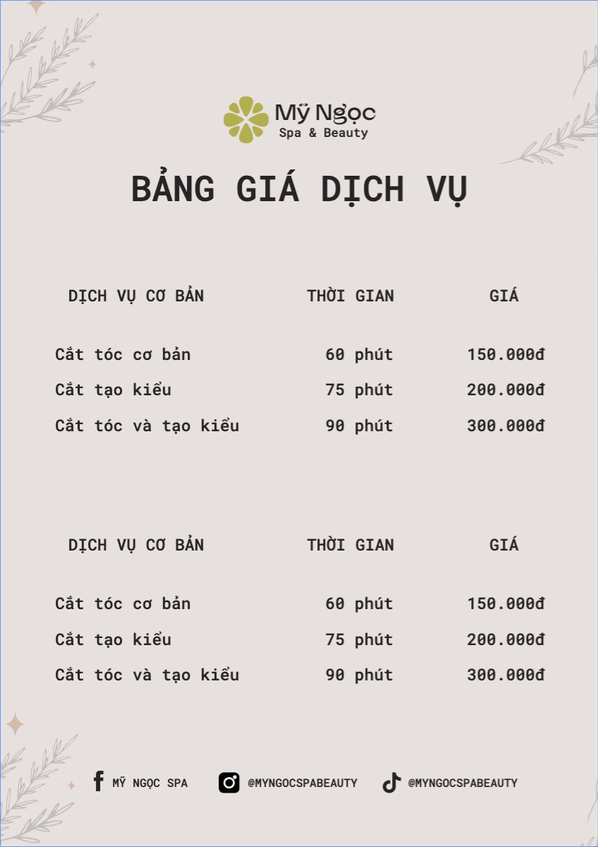 Mẫu Menu tờ rời (dọc) Tiệm tóc, tiệm cắt tóc, salon, nail, spa, beauty, làm đẹp, thẩm mỹ — LayerPic